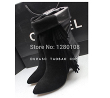 2014 autumn tassel martin boots cowhide patchwork mid calf boots genuine leather pointed toe thick heel