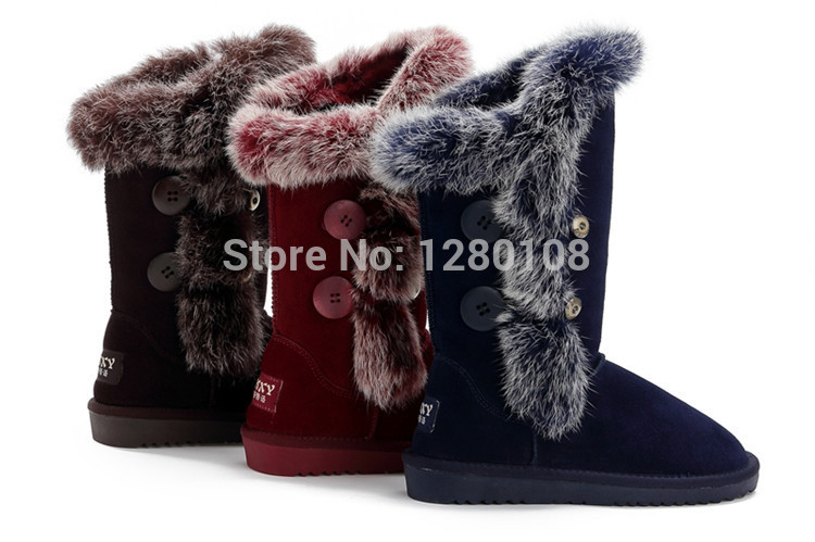 2014 winter women brand designer snow boots with fur genuine leather red brown blue size 34