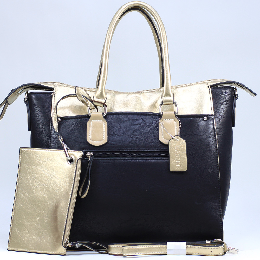 Women s Two tone Metallic Contrast Fashion Tote Bag w Bonus Strap Coin Pouch