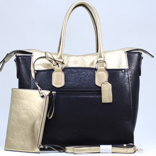 Women s Two tone Metallic Contrast Fashion Tote Bag w Bonus Strap Coin Pouch