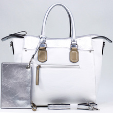 Women s Two tone Metallic Contrast Fashion Tote Bag w Bonus Strap Coin Pouch