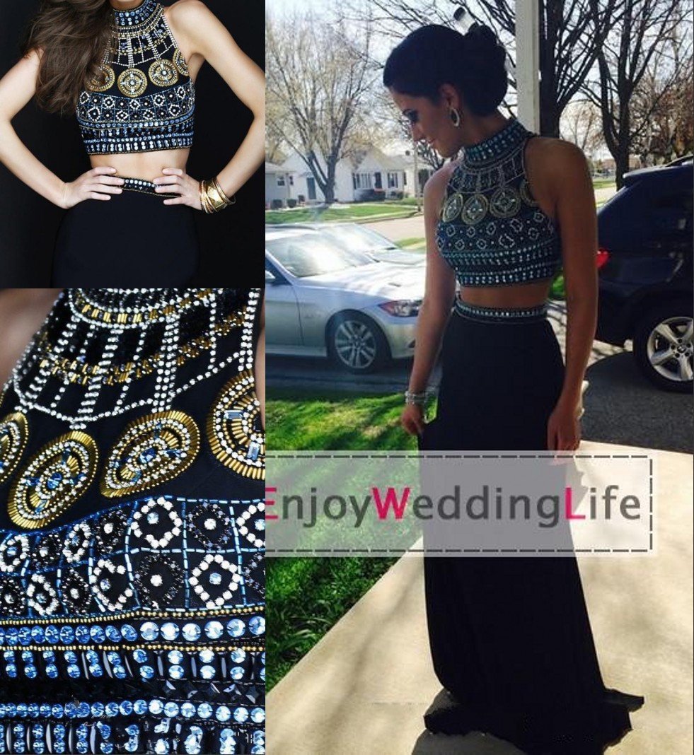 New Arrival 2014 Elegant Top Selling Cheap Black Heavy Beaded Two Pieces High Collar Floor Length