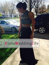 New Arrival 2014 Elegant Top Selling Cheap Black Heavy Beaded Two Pieces High Collar Floor Length