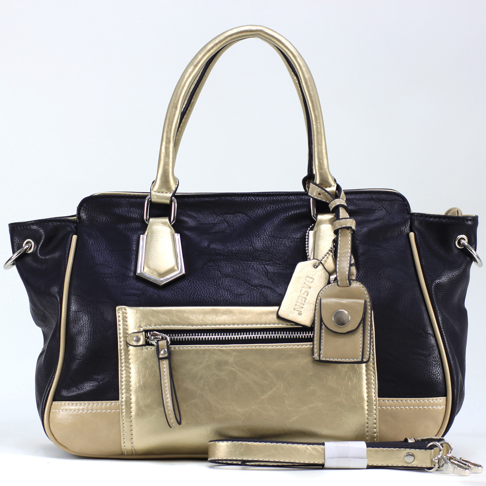 Women s Petite Two tone Metallic Contrast Fashion Tote Bag w Bonus Strap