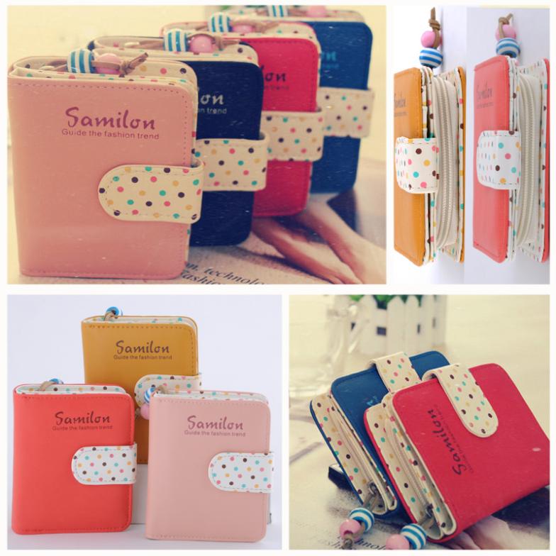 6 Colors Polka Dots Leather Zipper Wallet Multiple Pockets Credit ID Cards Holder Purse XB9065