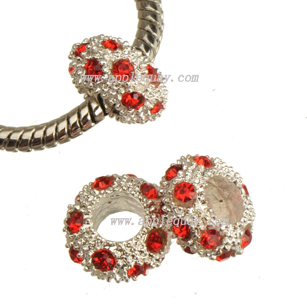 30pcs 2014 New DIY Fashion Jewelry Findings Large Hole Metal Round 12mm Red Crystal Silver Beads
