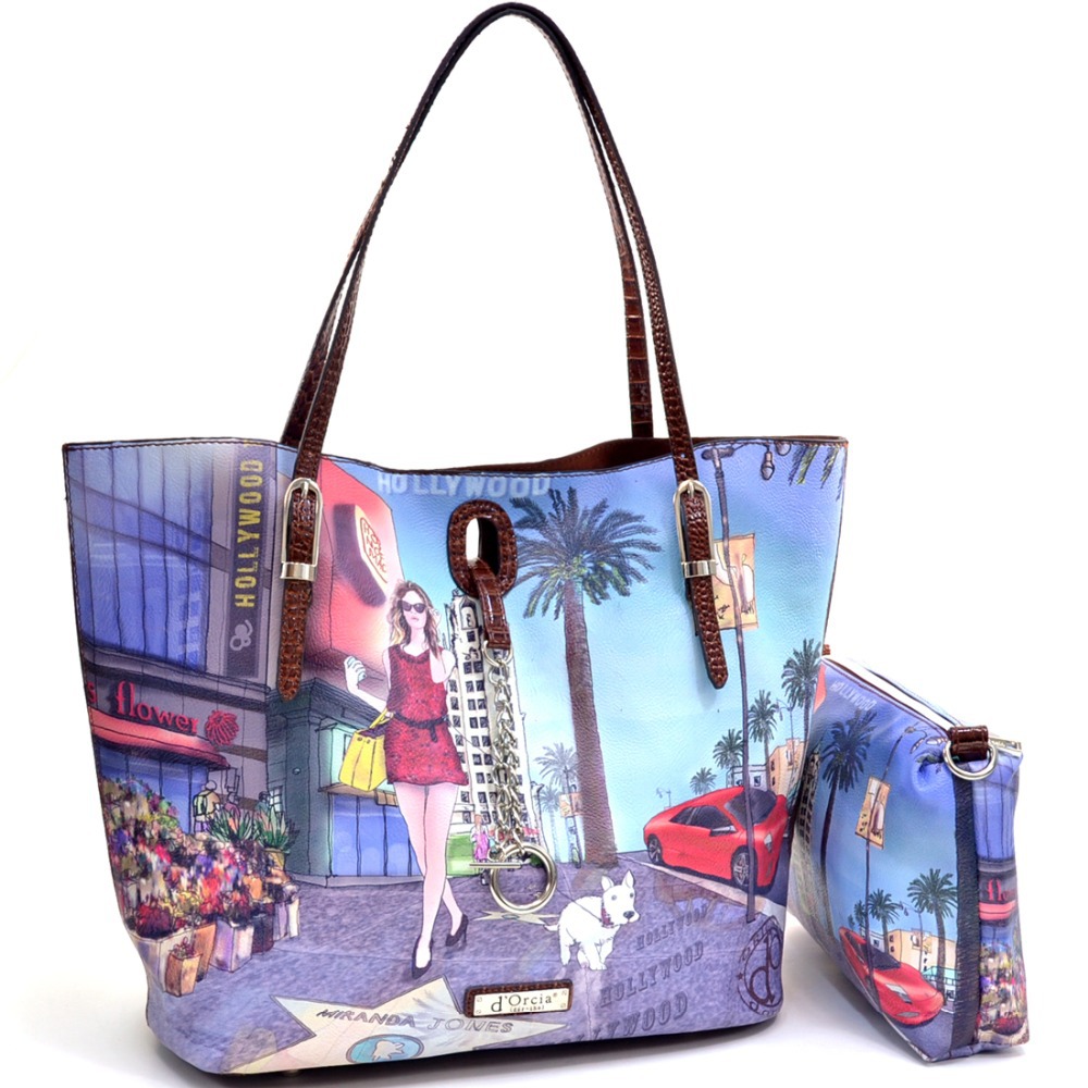 2 in 1 Hollywood Print Flat Bottom Tote w Buckle Straps and Chain Lock