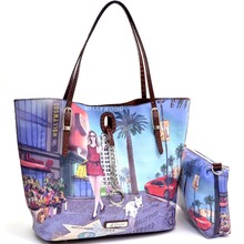 2 in 1 Hollywood Print Flat Bottom Tote w Buckle Straps and Chain Lock