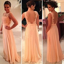 2014 Vestidos De Fiesta Free Shipping Best Sale Peach Long Chiffon A-Line Formal Evening Gowns Nude Back Lace Prom Dresses HL-8
