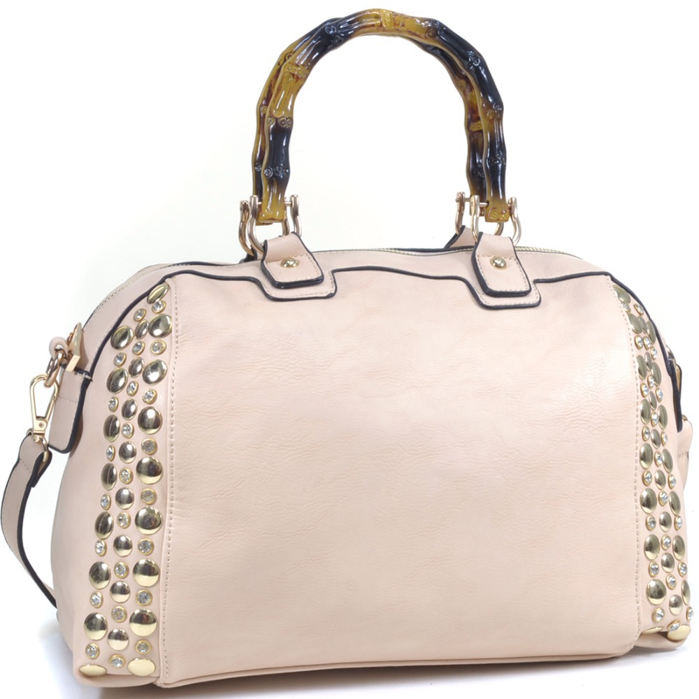 Rhinestone Studded Bamboo Handle Flat Bottom Bag w Shoulder Strap