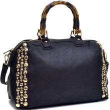 Rhinestone Studded Bamboo Handle Flat Bottom Bag w Shoulder Strap