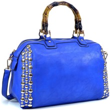 Rhinestone Studded Bamboo Handle Flat Bottom Bag w Shoulder Strap
