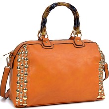 Rhinestone Studded Bamboo Handle Flat Bottom Bag w Shoulder Strap