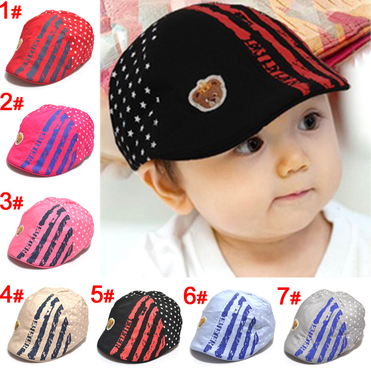 2014 New Retail autumn Bear Flower Pentagram boys cap children's Hat peaked cap baby kids beret 7 colors