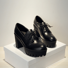 Han edition street style system with shallow mouth pure color decorative leather shoes high-heeled shoes non-skid rubber soles