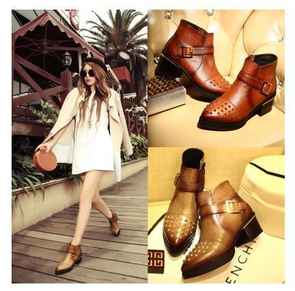 New 2014 Autumn Winter Women s Genuine Leather Pointed Toe Short Boots Vintage Rivet Knight Boot