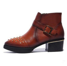New 2014 Autumn Winter Women s Genuine Leather Pointed Toe Short Boots Vintage Rivet Knight Boot