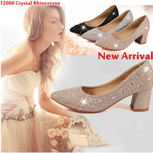 Cheap New Look 2014 Autumn Winter Fashion Rhinestone Prom Shoes Women Pointed Toe Thick Heel Gold Silver Black Kitten Heels