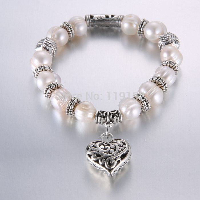 Fashion Jewelry freshwater pearl bracelet heart love pendant bracelets for women Charm Bracelets for girl gifts