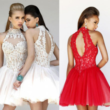 Fashion High Neck Lace short bride dresses for weddings Luxury Crystal Red Tulle women wedding dress 2014 short new arrival