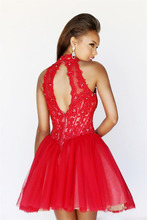 Fashion High Neck Lace short bride dresses for weddings Luxury Crystal Red Tulle women wedding dress
