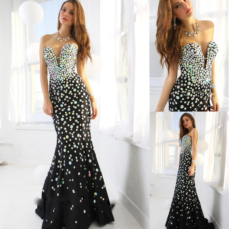 Black Crystal Mermaid Prom evening dresses 2014 vestido de festa Sweetheart Lace Up Sexy Long Evening