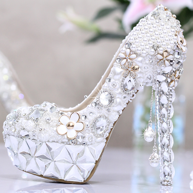 Pearl tassel crystal rhinestone shoes wedding shoes bride ultra high heels platform shoes formal dress party