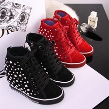 Height Increasing shoes 2014 fall winter women fashion brand designer canvas sneakers Rivet high quality black red size 34~39