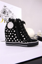 Height Increasing shoes 2014 fall winter women fashion brand designer canvas sneakers Rivet high quality black