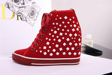 Height Increasing shoes 2014 fall winter women fashion brand designer canvas sneakers Rivet high quality black