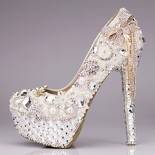 Fashion luxury rhinestone bow ultra high heels shoes women s pearl wedding shoes crystal tassel bridal