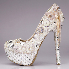 Fashion luxury rhinestone bow ultra high heels shoes women’s pearl wedding shoes crystal tassel bridal shoes platform shoes
