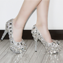 Luxury crystal wedding shoes banquet silver married bridesmaid princess rhinestone high-heeled