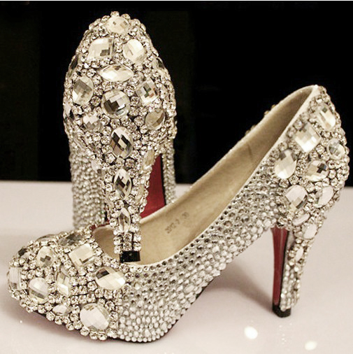 Silver plus size bride crystal rhinestone shoes pearl wedding shoes bridesmaid wedding dinner high heels princess