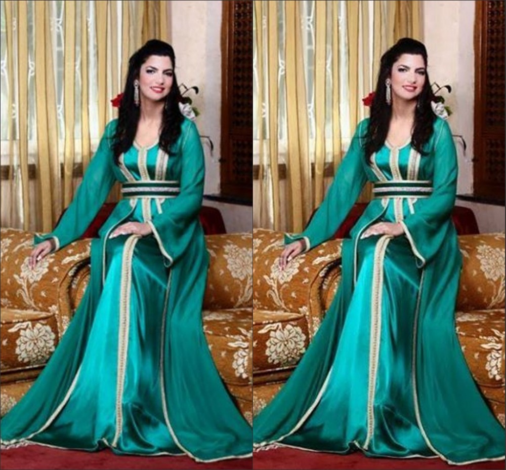 New Fashion 2014 Dubai Abaya Jalabiya Kaftans Fantasia Musilim Embroidery Beaded Satin Blue Evening Dress Long