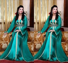 New Fashion 2014 Dubai Abaya Jalabiya Kaftans Fantasia Musilim Embroidery Beaded Satin Blue Evening Dress  Long Blue