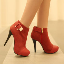 2015 Winter Women’s Fashion Metal Buckle Zip Ankle Boots Sexy High Heels Platforms Solid Winter Motorcycle Boots