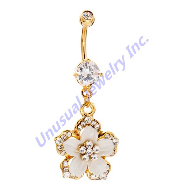 Unusual Stainless Steel Gold Plated Flower CZ Gem Dangling Bling Belly Stud Bar Navel Button Rings