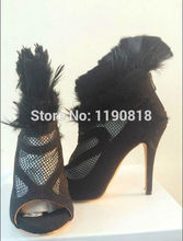 2014 new design feathers mesh cut out  ankle boots black suede leather peep toe high heel short boots