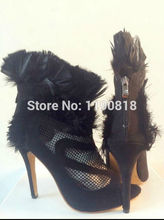 2014 new design feathers mesh cut out ankle boots black suede leather peep toe high heel