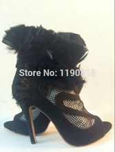 2014 new design feathers mesh cut out ankle boots black suede leather peep toe high heel