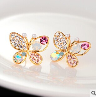 2015 New Fashion Vintage Jewelry Imitation Diamond Colorful Rhinestone Gold Butterfly Pearl Crystal Stud Earrings for