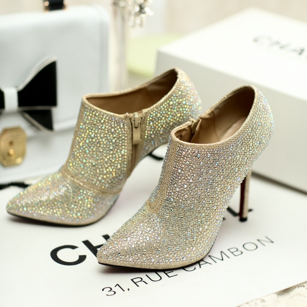 Women Sexy Gold Glitter High Heel Pumps Closed Pointed Toe Party Ankle Shoes