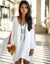 Women Summer Dress 2014 New Sexy Womens Loose Sexy V Neck Strapless A-line Casual Mini Shirt Dress White Beach Dresses