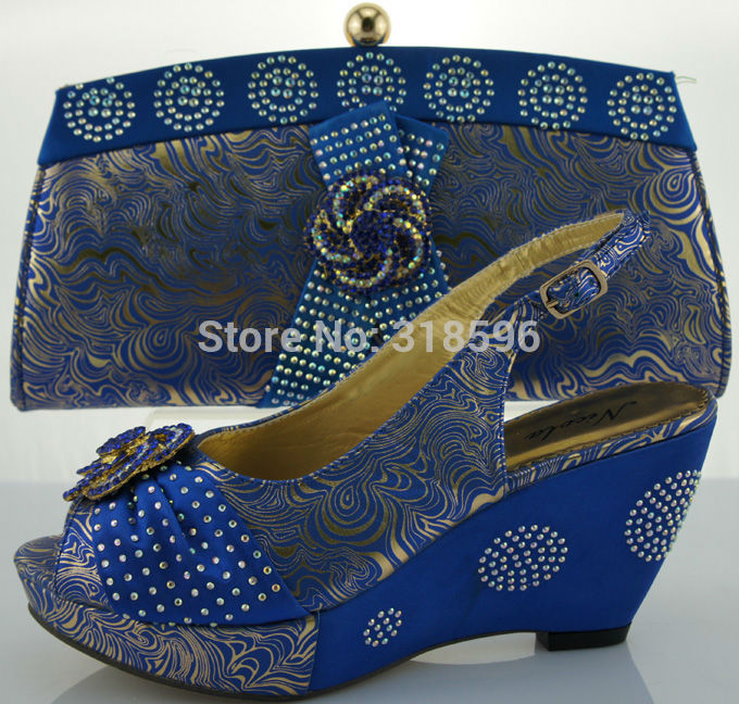 Free shipping by DHL 2014 new wedges heel shoe and matching bag set in royal blue
