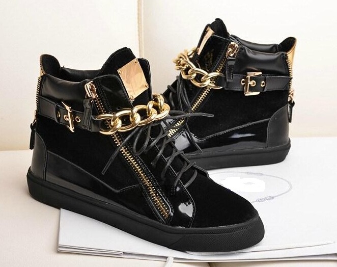 Wholesales GZ 100 Genuine Leather With Metal Chain High Top Shoes Men Women Unisex Fahsion Sneakers