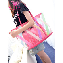 2014 New Fashion Color Striped Transparent Bag Jelly Bag Mixed Colored Women s Handbags PVC Summer