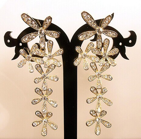 Drop Shipping new jewelry fashion gold flower full rhinestone ultra long earrings crystal for women female