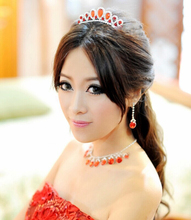 Woman Bridal Wedding Necklace Bridal Jewelry Three piece Suit Red Crown Earrings Dress Marriage Lady Party
