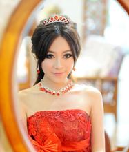 Woman Bridal Wedding Necklace Bridal Jewelry Three piece Suit Red Crown Earrings Dress Marriage Lady Party